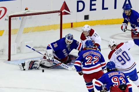 NEW YORK, NY – NOVEMBER 06: Henrik Lundqvist #30 of the New York Rangers deflects a shot on goal in the first period during the game against the Montreal Canadiens at Madison Square Garden on November 6, 2018 in New York City. (Photo by Sarah Stier/Getty Images)