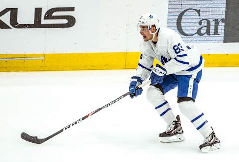 WASHINGTON, DC - OCTOBER 16: Toronto Maple Leafs defenseman Cody Ceci (83) moves into the attack during a NHL game between the Washington Capitals and the Toronto Maple Leafs on October 16, 2019, at Capital One Arena, in Washington D.C.(Photo by Tony Quinn/Icon Sportswire via Getty Images)