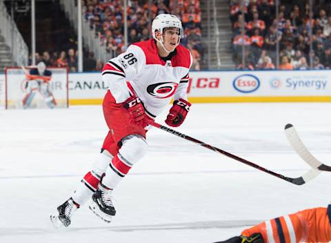 EDMONTON, AB – OCTOBER 17: Teuvo Teravainen #86 of the Carolina Hurricanes skates against the Edmonton Oilers on October 17, 2017 at Rogers Place in Edmonton, Alberta, Canada. (Photo by Andy Devlin/NHLI via Getty Images)