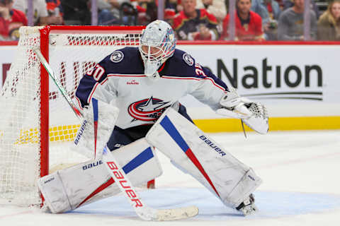 Nov 6, 2023; Sunrise, Florida, USA; Columbus Blue Jackets goaltender Spencer Martin (30) defends his net against the Florida Panthers during the second period at Amerant Bank Arena. Mandatory Credit: Sam Navarro-USA TODAY Sports