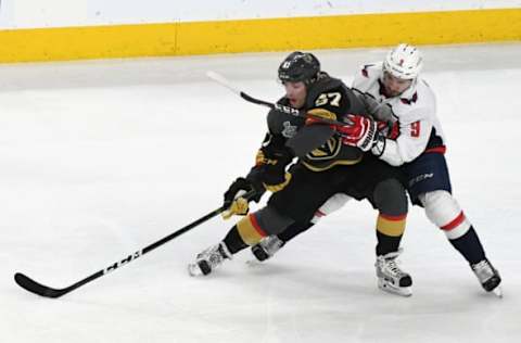 LAS VEGAS, NV – JUNE 07: David Perron #57 of the Vegas Golden Knights skates with the puck under pressure from Dmitry Orlov #9 of the Washington Capitals on June 7, 2018. (Photo by Ethan Miller/Getty Images)