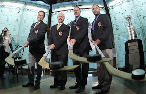 2011 Hall of Fame inductees Doug Gilmour, Mark Howe, Joe Nieuwendyk and Ed Belfour. (Photo by Bruce Bennett/Getty Images)