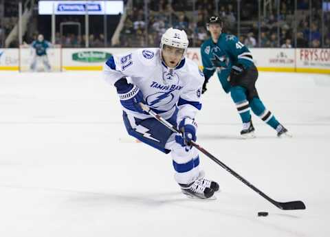 Dec 5, 2015; San Jose, CA, USA; Tampa Bay Lightning center Valtteri Filppula (51) controls the puck against the San Jose Sharks during the first period at SAP Center at San Jose. Mandatory Credit: Kelley L Cox-USA TODAY Sports