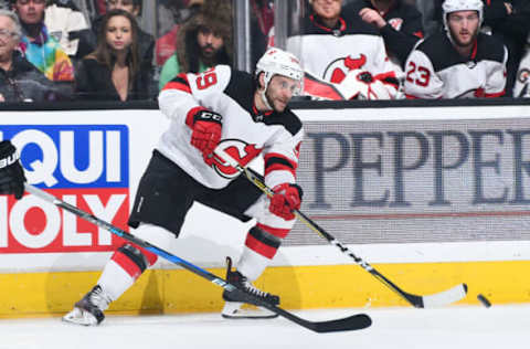 LOS ANGELES, CA – MARCH 17: Brian Gibbons #39 of the New Jersey Devils passes the puck during a game against the Los Angeles Kings at STAPLES Center on March 17, 2018, in Los Angeles, California. (Photo by Andrew D. Bernstein/NHLI via Getty Images) *** Local Caption ***