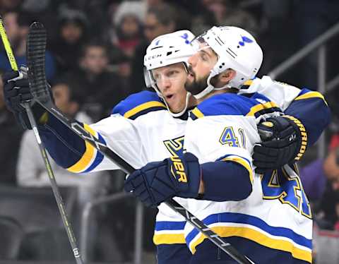 LOS ANGELES, CA – MARCH 10: Robert Bortuzzo #41 of the St. Louis Blues celebrates his goa with Carl Gunnarsson #4 to take a 1-0 lead over the Los Angeles Kings during the first period at Staples Center on March 10, 2018 in Los Angeles, California. (Photo by Harry How/Getty Images)