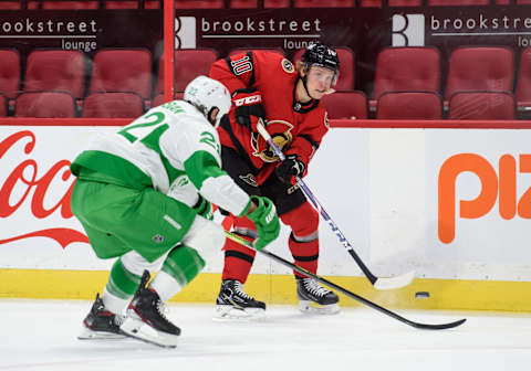 OTTAWA, ON – MARCH 14: Ryan Dzingel #10 of the Ottawa Senators shoots the puck against Zach Bogosian #22 of the Toronto Maple Leafs  (Photo by Matt Zambonin/Freestyle Photography/Getty Images)