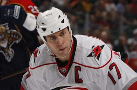 SUNRISE, FL – NOVEMBER 4: Rod Brind’Amour #17 of the Carolina Hurricanes during the second period of the game against the Florida Panthers on November 4, 2009, at the BankAtlantic Center in Sunrise, Florida. The Panthers defeated the Hurricanes 3-0. (Photo by Joel Auerbach/Getty Images)