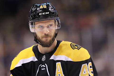 BOSTON, MA – APRIL 12: David Krejci, #46 of the Boston Bruins, looks on during the first period of Game One of the Eastern Conference First Round against the Toronto Maple Leafs during the 2018 NHL Stanley Cup Playoffs at TD Garden on April 12, 2018, in Boston, Massachusetts. (Photo by Maddie Meyer/Getty Images)