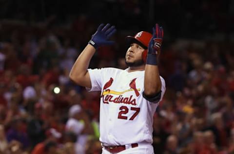 Sep 27, 2016; St. Louis, MO, USA; St. Louis Cardinals third baseman Jhonny Peralta (27) celebrates after hitting a three run home run off of Cincinnati Reds relief pitcher Matt Magill (not pictured) during the fifth inning at Busch Stadium. Mandatory Credit: Jeff Curry-USA TODAY Sports