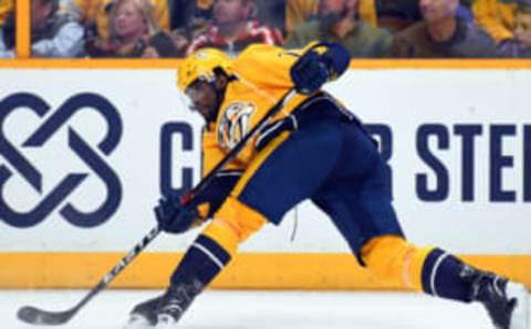 Feb 2, 2017; Nashville, TN, USA; Nashville Predators defenseman P.K. Subban (76) attempts a slap shot during the first period against the Edmonton Oilers at Bridgestone Arena. Mandatory Credit: Christopher Hanewinckel-USA TODAY Sports