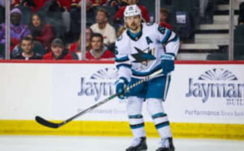 Apr 12, 2023; Calgary, Alberta, CAN; San Jose Sharks defenseman Erik Karlsson (65) against the Calgary Flames during the third period at Scotiabank Saddledome. Mandatory Credit: Sergei Belski-USA TODAY Sports