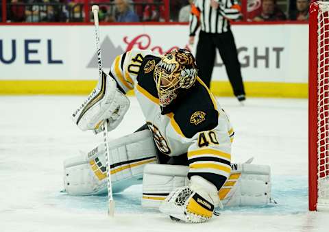 RALEIGH, NC – MAY 14: Tuukka Rask #40 of the Boston Bruins covers a loose puck on the crease in Game Three of the Eastern Conference Third Round against the Carolina Hurricanes during the 2019 NHL Stanley Cup Playoffs on May 14, 2019 at PNC Arena in Raleigh, North Carolina. (Photo by Gregg Forwerck/NHLI via Getty Images)