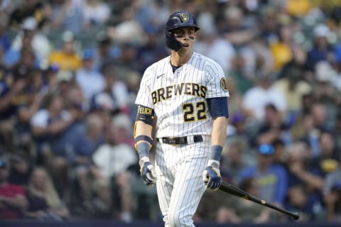 MILWAUKEE, WISCONSIN – JUNE 17: Christian Yelich #22 of the Milwaukee Brewers reacts after striking out against the Pittsburgh Pirates in the seventh inning at American Family Field on June 17, 2023 in Milwaukee, Wisconsin. (Photo by Patrick McDermott/Getty Images)