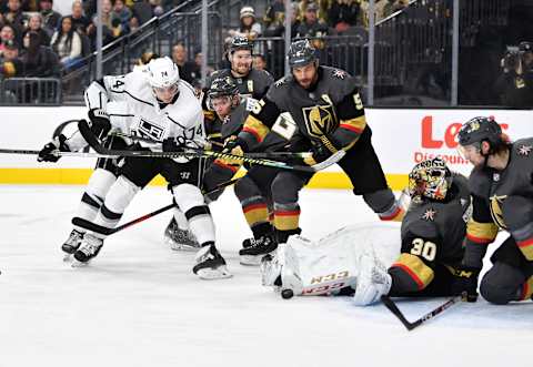 LAS VEGAS, NEVADA – JANUARY 09: Malcolm Subban #30 of the Vegas Golden Knights saves a shot by Nikolai Prokhorkin #74 of the Los Angeles Kings during the second period at T-Mobile Arena on January 09, 2020 in Las Vegas, Nevada. (Photo by Jeff Bottari/NHLI via Getty Images)