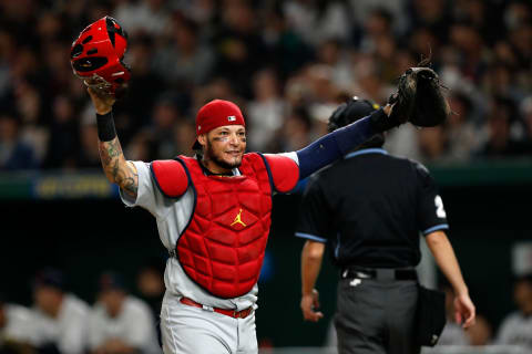 TOKYO, JAPAN – NOVEMBER 11: Yaddier Molina #4 of the St. Louis Cardinals celebrates during the Japan All-Star Series game against Team Japan at the Tokyo Dome on Sunday, November 11, 2018 in Tokyo, Japan. (Photo by Yukki Taguchi/MLB Photos via Getty Images)