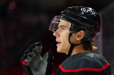 Feb 17, 2021; Raleigh, North Carolina, USA; Carolina Hurricanes defenseman Jake Bean (24) looks on during the game against the Florida Panthers at PNC Arena. Mandatory Credit: James Guillory-USA TODAY Sports