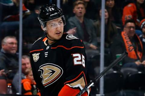 ANAHEIM, CA – DECEMBER 29: Brandon Montour #26 of the Anaheim Ducks reacts after a penalty during the game against the Arizona Coyotes on December 29, 2018, at Honda Center in Anaheim, California. (Photo by Debora Robinson/NHLI via Getty Images)