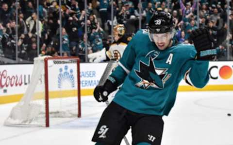 SAN JOSE, CA – FEBRUARY 18: Logan Couture #39 of the San Jose Sharks celebrates after scoring a penalty shot against Tuukka Rask #40 of the Boston Bruins at SAP Center on February 18, 2019 in San Jose, California (Photo by Brandon Magnus/NHLI via Getty Images)