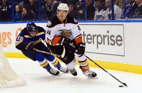 Mar 11, 2016; St. Louis, MO, USA; Anaheim Ducks defenseman Simon Despres (24) handles the puck as St. Louis Blues center Robby Fabbri (15) gives chase during the second period at Scottrade Center. Mandatory Credit: Jeff Curry-USA TODAY Sports