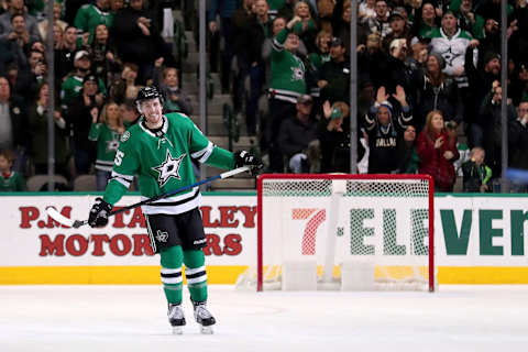 DALLAS, TEXAS – JANUARY 19: Brett Ritchie #25 of the Dallas Stars celebrates after scoring a goal against the Winnipeg Jets in the first period at American Airlines Center on January 19, 2019 in Dallas, Texas. (Photo by Tom Pennington/Getty Images)