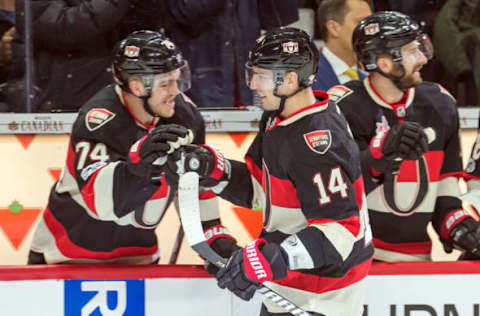 Mar 2, 2017; Ottawa, Ontario, CAN; Ottawa Senators left wing Alexandre Burrows (14) celebrates his first goal as a Senator in the first period against the Colorado Avalanche at Canadian Tire Centre. Mandatory Credit: Marc DesRosiers-USA TODAY Sports