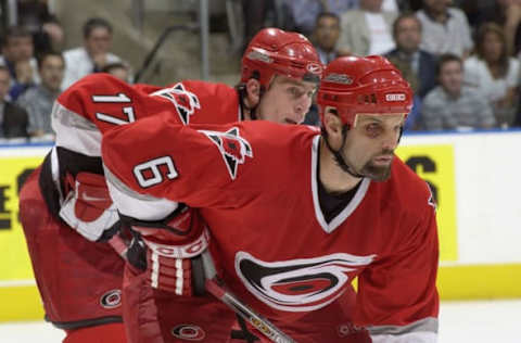 TORONTO – MAY 28: Bret Hedican #6 of the Carolina Hurricanes prepares for the face off against the Toronto Maple Leafs in the second period of game six of the Eastern Conference finals at the Air Canada Centre in Toronto, Ontario on May 28, 2002. The Hurricanes won 2-1 in overtime. (Photo by Elsa/Getty Images/NHLI)