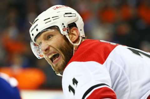 NEW YORK, NEW YORK – APRIL 28: Jordan Staal #11 of the Carolina Hurricanes looks on against the New York Islanders during Game Two of the Eastern Conference Second Round during the 2019 Stanley Cup Playoffs at Barclays Center on April 28, 2019 in New York City. (Photo by Mike Stobe/NHLI via Getty Images)