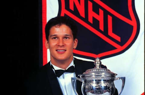 1996 Season: Paul Kariya with the Lady Byng Trophy given to the player who displays sportsmanship and gentlemanly conduct combined with a high standard of playing ability. (Photo by Bruce Bennett Studios/Getty Images)