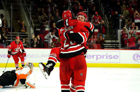 RALEIGH, NC – NOVEMBER 21: Lucas Wallmark #71 of the Carolina Hurricanes celebrates after scoring on a assist by Brock McGinn #23 during an NHL game against the Philadelphia Flyers on November 21, 2019 at PNC Arena in Raleigh, North Carolina. (Photo by Gregg Forwerck/NHLI via Getty Images)