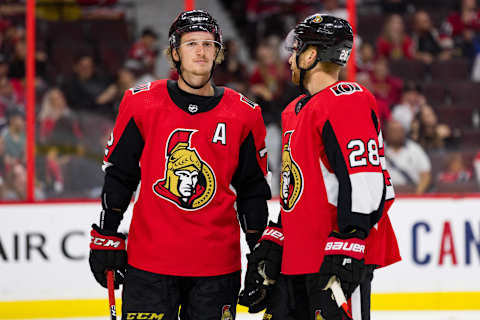 OTTAWA, ON – SEPTEMBER 21: Ottawa Senators defenseman Thomas Chabot (72) listens to Ottawa Senators right wing Connor Brown (28) during third period National Hockey League preseason action between the Montreal Canadiens and Ottawa Senators on September 21, 2019, at Canadian Tire Centre in Ottawa, ON, Canada. (Photo by Richard A. Whittaker/Icon Sportswire via Getty Images)