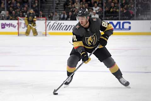 Jonathan Marchessault of the Vegas Golden Knights skates with the puck against the Tampa Bay Lightning in the second period of their game at T-Mobile Arena on February 20, 2020.