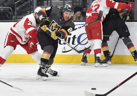 LAS VEGAS, NV – MARCH 23: William Carrier #28 of the Vegas Golden Knights passes the puck during the first period against the Detroit Red Wings at T-Mobile Arena on March 23, 2019 in Las Vegas, Nevada. (Photo by David Becker/NHLI via Getty Images)