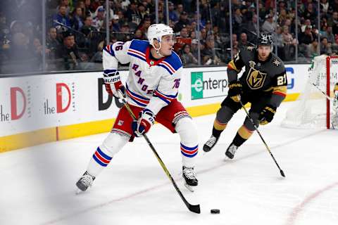 LAS VEGAS, NV – JANUARY 07: New York Rangers Defenceman Brady Skjei (76) looks to pass the puck during a game between the Vegas Golden Knights and the New York Rangers on January 7, 2018 at T-Mobile Arena in Las Vegas, Nevada. (Photo by Jeff Speer/Icon Sportswire via Getty Images)