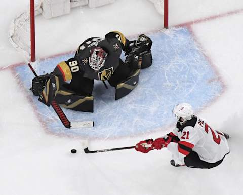 LAS VEGAS, NEVADA – MARCH 03: Robin Lehner #90 of the Vegas Golden Knights defends the net against Kyle Palmieri #21 of the New Jersey Devils in the second period of their game at T-Mobile Arena on March 3, 2020 in Las Vegas, Nevada. The Golden Knights defeated the Devils 3-0. (Photo by Ethan Miller/Getty Images)