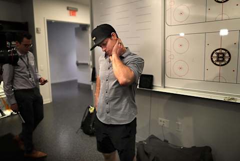 BOSTON – JUNE 14: Boston Bruins’ Torey Krug stands by himself as he waits to meet with reporters as the Bruins hold their end of the season media availability at the Warrior Ice Arena practice facility in the Brighton neighborhood of Boston on June 14, 2019. (Photo by John Tlumacki/The Boston Globe via Getty Images)