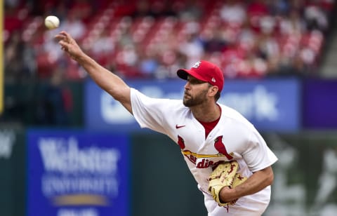 May 26, 2022; St. Louis, Missouri, USA; St. Louis Cardinals starting pitcher Adam Wainwright (50) pitches against the Milwaukee Brewers during the first inning at Busch Stadium. Mandatory Credit: Jeff Curry-USA TODAY Sports