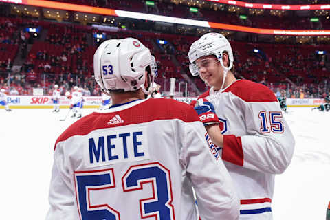 MONTREAL, QC – FEBRUARY 5: Victor Mete #53 and Jesperi Kotkaniemi #15 (Photo by Francois Lacasse/NHLI via Getty Images)