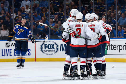 ST. LOUIS, MO – OCTOBER 2: Dmitry Orlov #9 of the Washington Capitals is congratulated after scoring a goal against the St. Louis Blues at Enterprise Center on October 2, 2019 in St. Louis, Missouri. (Photo by Scott Rovak/NHLI via Getty Images)