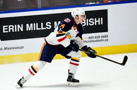 MISSISSAUGA, ON – JANUARY 19: Andrei Svechnikov #14 of the Barrie Colts skates up ice against the Mississauga Steelheads during game action on January 19, 2018 at Hershey Centre in Mississauga, Ontario, Canada. (Photo by Graig Abel/Getty Images)