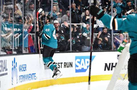 SAN JOSE, CA – MAY 08: Tomas Hertl #48 of the San Jose Sharks celebrate scoring a goal against the Colorado Avalanche in Game Seven of the Western Conference Second Round during the 2019 NHL Stanley Cup Playoffs at SAP Center on May 8, 2019 in San Jose, California (Photo by Brandon Magnus/NHLI via Getty Images)