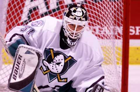 SP.ducks.hebert.save.0929.RL??Anaheim??Mighty Ducks goalie Guy Hebert makes a save during the 5?3 exhibition loss to the Los Angeles Kings Monday night at The Pond in Anaheim. (Photo by Rick Loomis/Los Angeles Times via Getty Images)