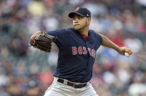 May 5, 2017; Minneapolis, MN, USA; Boston Red Sox starting pitcher Eduardo Rodriguez (52) delivers a pitch in the first inning against the Minnesota Twins at Target Field. Mandatory Credit: Jesse Johnson-USA TODAY Sports. fantasy baseball.