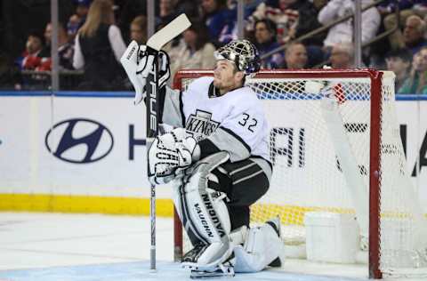 Feb 26, 2023; New York, New York, USA; Los Angeles Kings goaltender Jonathan Quick (32) watches a video replay in the first period against the New York Rangers at Madison Square Garden. Mandatory Credit: Wendell Cruz-USA TODAY Sports