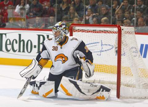 MONTREAL ? OCTOBER 20: Ryan Miller #30 of the Buffalo Sabres protects the goal during the NHL game against the Montreal Canadiens at the Bell Centre on October 20, 2007 in Montreal, Quebec. (Photo by Phillip MacCallum/Getty Images)