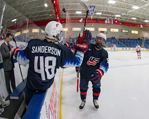 PLYMOUTH, MI – DECEMBER 12: Jacob Truscott #55 of the U.S. Nationals celebrates a second period goal against the Switzerland Nationals with teammate Jake Sanderson #48 during day-2 of game two of the 2018 Under-17 Four Nations Tournament at USA Hockey Arena on December 12, 2018 in Plymouth, Michigan. USA defeated Switzerland 3-1. (Photo by Dave Reginek/Getty Images)