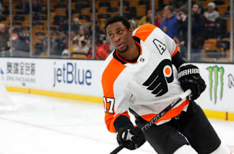 BOSTON, MA – OCTOBER 25: Philadelphia Flyers right wing Wayne Simmonds (17) before a game between the Boston Bruins and the Philadelphia Flyers on October 25, 2018, at TD Garden in Boston, Massachusetts. The Bruins defeated the Flyers 3-0. (Photo by Fred Kfoury III/Icon Sportswire via Getty Images)