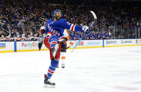 NEW YORK, NY – DECEMBER 23: Boo Nieves #24 of the New York Rangers reacts after scoring a goal in the third period against the Philadelphia Flyers at Madison Square Garden on December 23, 2018 in New York City. (Photo by Jared Silber/NHLI via Getty Images)