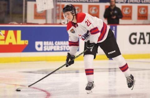 LANGLEY, BRITISH COLUMBIA – JANUARY 25: Forward Calum Ritchie #21 of the Oshawa Generals skates for Team White during the 2023 Kubota CHL Top Prospects Game Practice at the Langley Events Centre on January 25, 2023, in Langley, British Columbia. (Photo by Dennis Pajot/Getty Images)