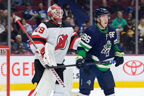 Andrei Kuzmenko #96 of the Vancouver Canucks. (Photo by Derek Cain/Getty Images)