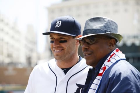 Apr 26, 2015; Detroit, MI, USA; Detroit Tigers second baseman Ian Kinsler (3) and former Tiger Lou Whitaker before the game against the Cleveland Indians at Comerica Park. Mandatory Credit: Rick Osentoski-USA TODAY Sports